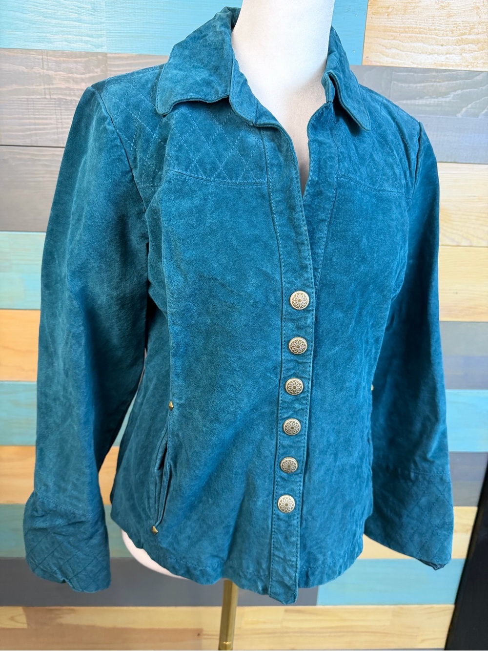 Ami Vintage Teal Suede Snap-Front Jacket Western Leather Wuilted